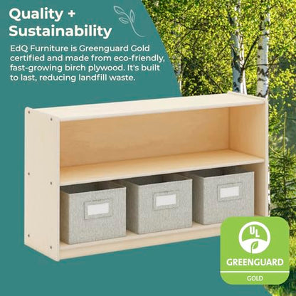 Guidecraft EdQ Two Shelf Open Storage 24'' Natural with 3 Fabric Bins: Wooden Multi-Purpose Bookcases and Toy Storage Organizer; Homeschool and Classroom Furniture - color: Natural