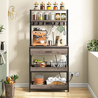 LITTLE TREE Kitchen Baker’s Rack with Power Outlets, Freestanding 5-Tier Microwave Stand with Drawers & Sliding Shelves, Coffee Bar with 6 Hooks for Dining Room Living Room, Grey & Black - color: Grey Black