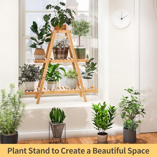 Bamboo Plant Stand - Indoor/Outdoor 3 Tier Plant Ladder, 8 Potted Flower Holder, Natural - color: Natural