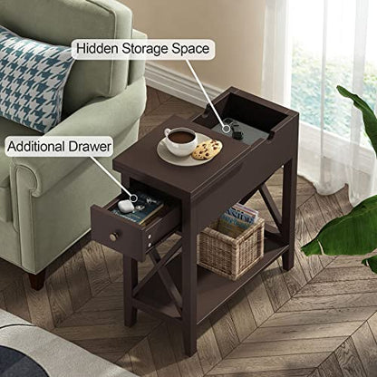 ChooChoo End Table, Flip Top Narrow End Table with Drawer | Narrow Side Table with Flip Top, Accent Small Side Table Nightstand for Living Room, Bedroom, and Small Spaces, Espresso - color: Espresso, size: 1 Pack, style: Without Power