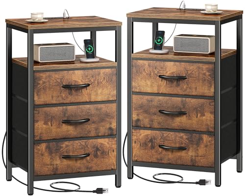 Huuger Nightstands Set of 2, 27.6 Inch End Tables with Charging Station, Fabric Drawers, Bedside Tables with USB Port and Outlet, Night Stands for Bedroom, Rustic Brown - color: Rustic Brown, size: 11.8"D x 15.7"W x 27.6"H (3 Drawers)