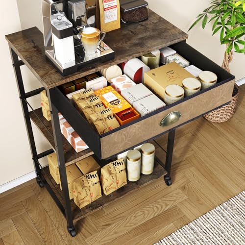 X-cosrack Coffee Bar Cabinet with Storage,3 Tier Coffee Bar Carts for The Home Buffets & Sideboards,Coffee Station Corner Table with Rolling Wheels for Kichen,Entryway,Living Room