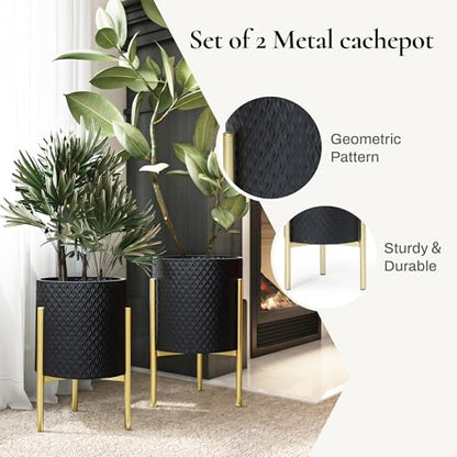 LuxenHome 2-Piece Diamond Pattern Round Metal Cachepot Planter Set, Black Planter with Gold Stands Set of 2 Indoor Plant Pots Large Floor Plant Pot for Plants, NOT Waterproof - color: Black