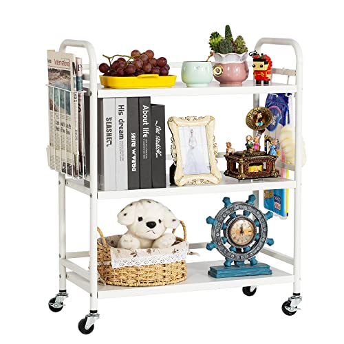 HDANI 3 Tier Metal Rolling Utility Cart,High Capacity Multi Purpose Heavy Duty Cart for Office,Kitchen,Living Room,Bedroom,White - color: White, size: Large with Basket