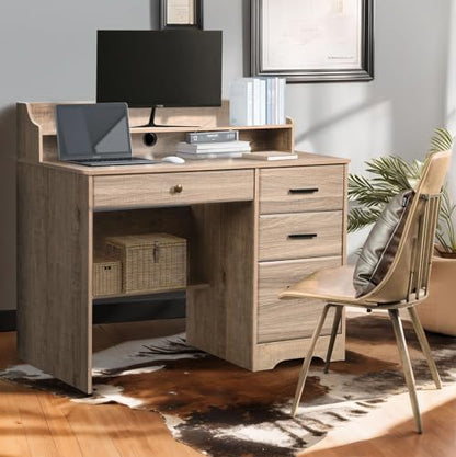 Catrimown Computer Desk with 4 Drawers and Hutch, Wood Executive Desks with File Drawer and Shelves, Small Desk Study Table for Bedroom, Student Teen Writing Laptop Table, Grey - color: Grey