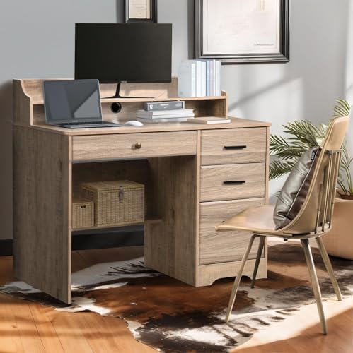 Computer Desk with 4 Drawers and Hutch, Wood Executive Desks with File Drawer and Shelves, Small Desk Study Table for Bedroom, Student Teen Writing Laptop Table, Grey - color: Grey