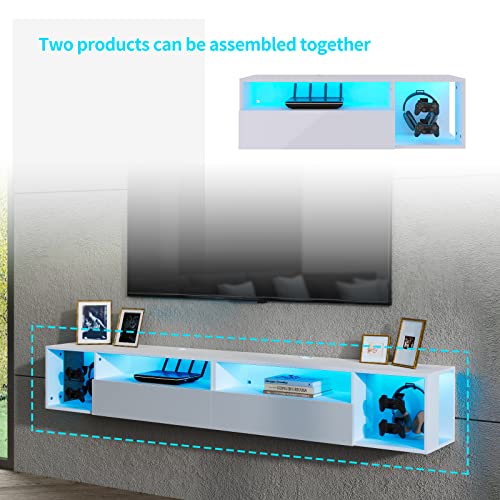 sogesfurniture 39.3'' Floating Wall TV Cabinet Stand with LED Lights, Wall Mounted Entertainment Center with Storage Shelves, Modern High Gloss Media Console for Living Room, Bedroom - size: 39.3''-White