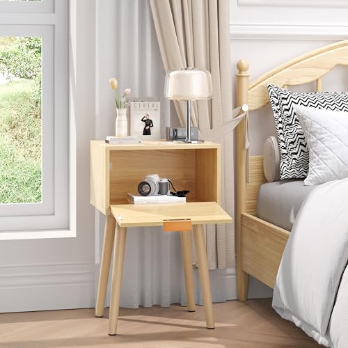 Nightstands Set of 2, Bedside Table with Rattan Door, Boho End Table with Solid Wood Legs for Bedroom, Living Room, Small Space Nightstands, Natural Color, HNS001N - color: Natural