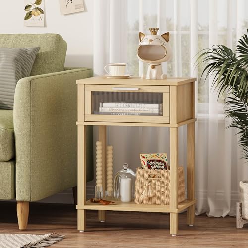 Nightstand Wooden Bedside Table with Drawer Natural Wood Night Stands Modern Style Small End Table Side Table with Storage Shelf for Bedroom Living Room MLBZ10YEV - color: Natural