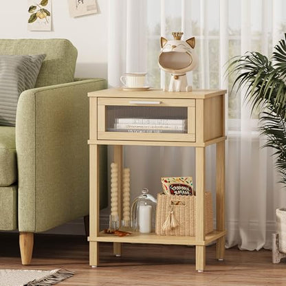 Nightstand Wooden Bedside Table with Drawer Natural Wood Night Stands Modern Style Small End Table Side Table with Storage Shelf for Bedroom Living Room MLBZ10YEV - color: Natural