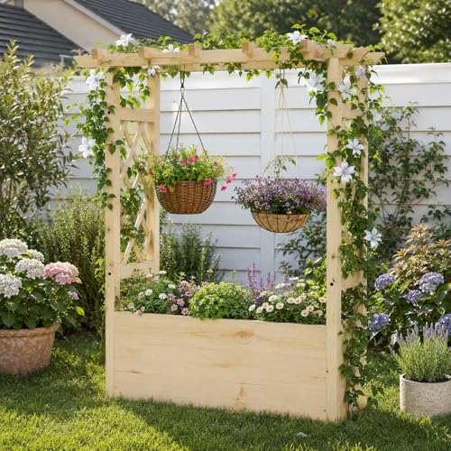 Giantex Raised Garden Bed with Sided Trellis & Hanging Roof, Wood Planter Box, Freestanding Garden Planter Raised Bed for Flowers Herbs Climbing Vines 31”x16”x41” (L x W x H) - color: Natural, size: 31”x16”x41”