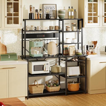 SUPERJARE Larger Bakers Rack with Power Outlets, 6-Tier Microwave Stand, Coffee Bar with 12 S-Shaped Hooks, Kitchen Shelf with Wire Basket, 47.2 x 15.5X 66.9 Inches, Black - color: Black, size: 47.2inch