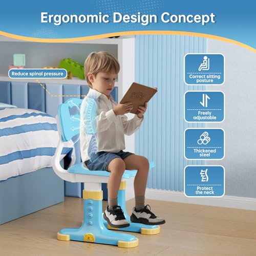 Kids Desk and Chair Set, Height Adjustable Child's School Study Writing Tables, Kids Desk with Bookstand and Storage Drawer, Widened Desktop with Desktop for Boys and Girls - color: Blue-a