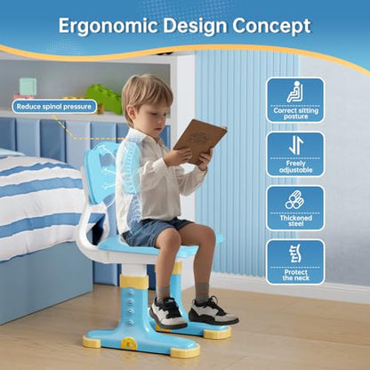 Kids Desk and Chair Set, Height Adjustable Child's School Study Writing Tables, Kids Desk with Bookstand and Storage Drawer, Widened Desktop with Desktop for Boys and Girls - color: Blue-a