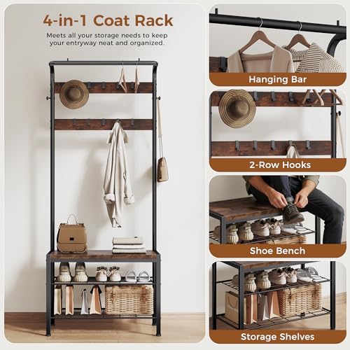 NEWBULIG Coat Rack, Hall Tree with Shoe Bench, 4-in-1 Entryway Organizer with 10 Hooks and Storage Shelf, Rustic Wood Entryway Bench for Mudroom, Living Room, Bedroom, Brown - color: Deep Brown