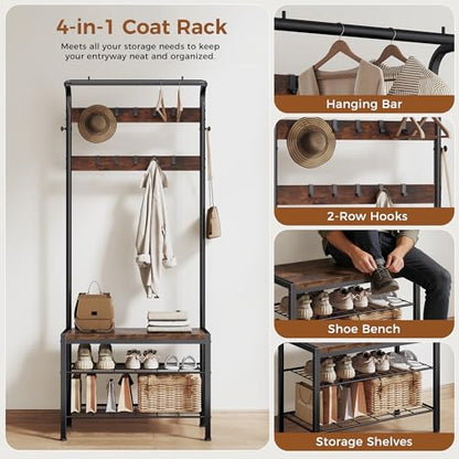 NEWBULIG Coat Rack, Hall Tree with Shoe Bench, 4-in-1 Entryway Organizer with 10 Hooks and Storage Shelf, Rustic Wood Entryway Bench for Mudroom, Living Room, Bedroom, Brown - color: Deep Brown