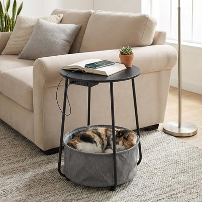 Round Side Table with Charging Station & USB Ports, Modern End Table Nightstand with Fabric Storage Basket, Matte White & Camel Brown Accent Table for Living Room, Bedroom (Black) - color: Black