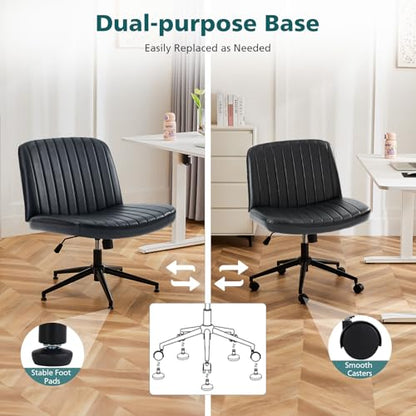 OLIXIS Criss Cross Chair with Wheels, Vanity Chair, Home Office Desk | Wide Seat Armless, Faux Leather, Height Adjustable Swivel Rolling, Home Computer Task Seating for Bedroom Study, Black PU - color: Black Pu