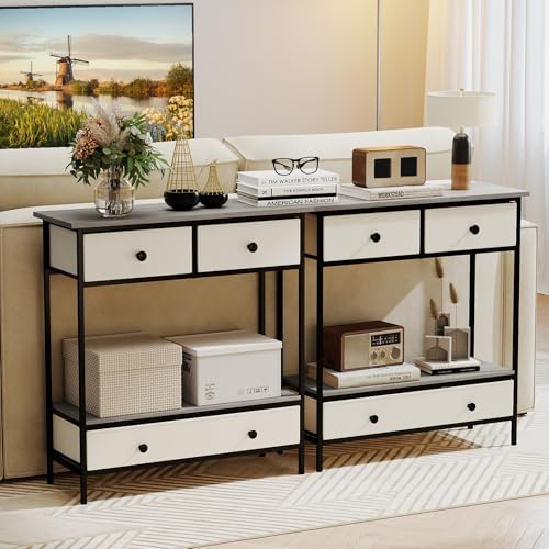 Giantex Console Table with 3 Fabric Drawers, 32" Farmhouse Entryway Table with Storage & Open Shelf, Rustic Narrow Sofa Table with Metal Frame for Living Room, Hallway, Entrance, Foyer