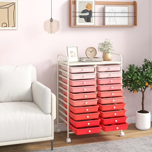 DREAMADE Rolling Cart with Storage Drawers, Utility Cart with Removable Plastic Drawers, Lockable Wheels, Art Cart for Classroom Organization Art Supplies Office Scrapbook (20 Drawers, Mixed-pink) - color: Mixed-pink, style: 20 Drawers