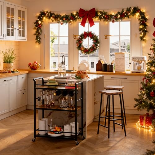 3 Tier Bar Cart, Small Beverage Cart, Mini Bar Cart with Wine Rack, Home Bar Serving Cart with Wheels for Kitchen Dining Living Room (Rustic Brown, General) GBC507R - color: Rustic Brown, size: General