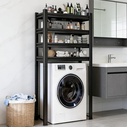 Over the Washer and Dryer Storage Shelf, Height-Adjustable Storage Shelf with Fence, 5-Tier Metal Organizer Rack for Washer Dryer, Sturdy Shelving Unit for Kitchen, Apartment (72"Hx35.4"Wx15.8"D) - size: 72"Hx35.4"Wx15.8"D