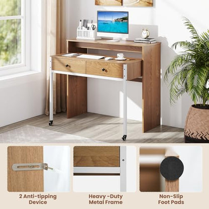 Giantex Small Computer Desk with Hutch & Drawers, Extendable Writing Desk w/Pull Out Secondary Table, Monitor Stand & Rolling Wheels, Console Table, Compact Desk for Small Spaces (Natural) - color: Natural
