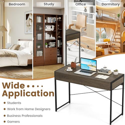 Giantex Computer Desk with 2 Drawers, 44 Inch Home Office Desk with Anti-Toppling Device & Metal Frame, Compact Laptop PC Table, Vanity Table, Modern Study Writing Desk for Small Spaces (Grey Oak) - color: Grey Oak