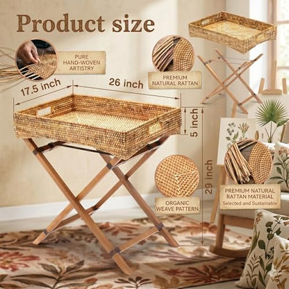 BreezeHug Rattan Side Table with Removable Tray, Foldable TV Tray Table for Couch, Small Space Snack Tables for Living Room, Balcony & Bedroom, Lightweight Wooden Stand