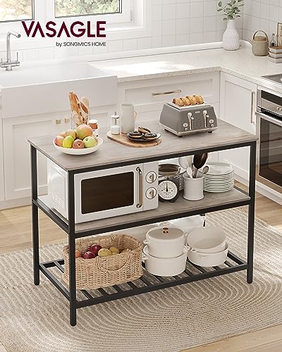 VASAGLE Kitchen Island with 3 Shelves, 47.2 Inches Width Kitchen Shelf with Large Worktop, Stable Steel Structure, Industrial, Easy to Assemble, Greige and Black UKKI001B02 - color: Greige + Black, size: 47.2"W x 35.4"H, style: without Power Outlets