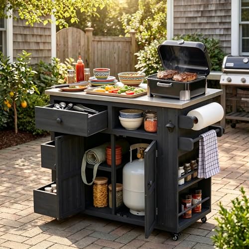 Outdoor Solid Wood Kitchen Island with Storage, 28" Extendable Stainless Steel Top Grill Cart, Rolling BBQ Prep Station with Drawers, Spice Rack, Towel Rack for Backyard, Patio, Camping - color: Black