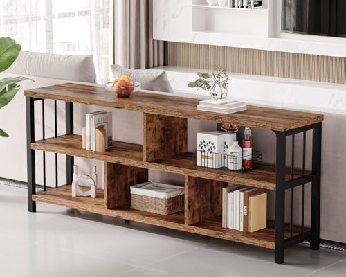 IBF 63” Long Open Bookshelf, Low Horizontal Wood Bookcase, Rustic Brown | Farmhouse 5 Cube Book Shelf, Industrial Wood Metal Bookcase, Wide Cubby Storage Organizer for Living Room Bedroom Home Office - color: Rustic Brown, size: 63 inch