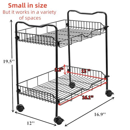 Cididu Rolling Utility Cart for Small Space, 2 Tier Rolling Cart with Locking Wheels, Metal Kitchen Cart Trolley, Rolling Organizer Cart Storage Shelf with Handle for Home Bedside Bathroom Office