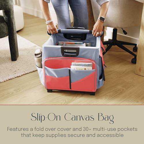 Folding Mobile Utility Cart, Canvas Organizer Bag, Red/Grey | Durable plastic, 30 compartments, adjustable handle, 40 lb capacity, collapses to 3" thick, rolling wheels for easy transport - color: Red/Grey