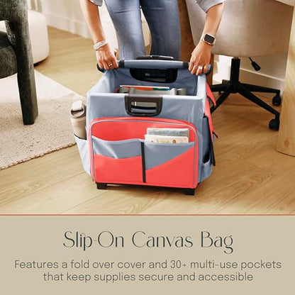 Folding Mobile Utility Cart, Canvas Organizer Bag, Red/Grey | Durable plastic, 30 compartments, adjustable handle, 40 lb capacity, collapses to 3" thick, rolling wheels for easy transport - color: Red/Grey