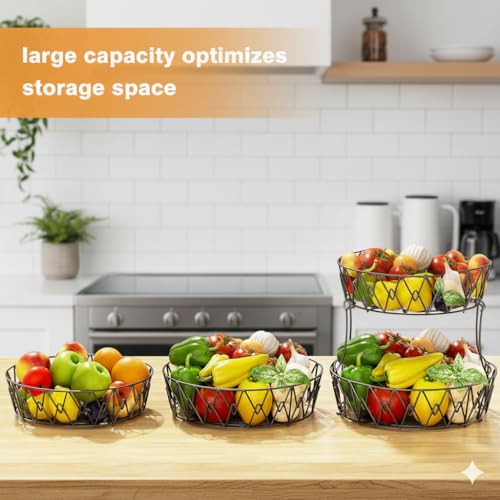 2 Tier Fruit Basket for Kitchen Counter, Metal Wire Fruit Bowl Stand with Banana Holder, Corner Fruit Basket, Stackable Produce Baske Countertop Storage, Copper Finish (black)