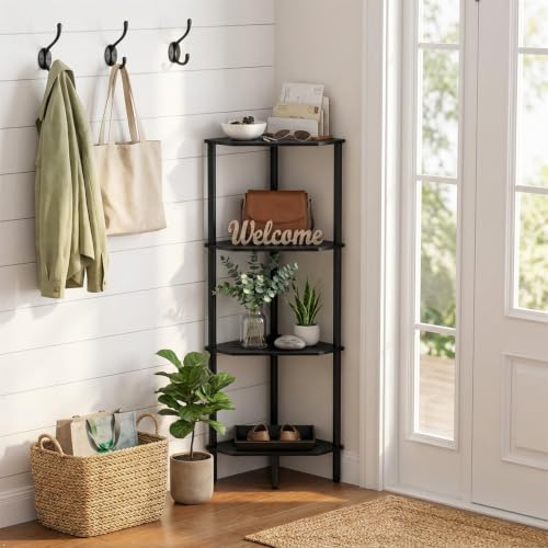 Corner Shelf Stand, 4 Tier Corner Bookshelf, Bamboo Storage Standing Shelf Unit, Tall Storage Plant Stand,Bookcase for Living Room, Home Office, Bedroom, Kitchen, Black - color: Black, size: 4 Tier