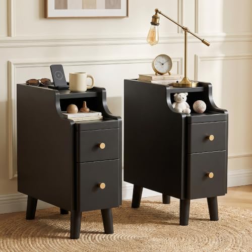 Nightstand with Drawers Set 2, Pre-Assembled, 19.7" H Natural Solid Wood Night Stand with Open Sliding Shelf, Mid Century Modern Small Bedside Table Cabinet for Bedroom, Black 8" - color: Black-2pack, size: 8"