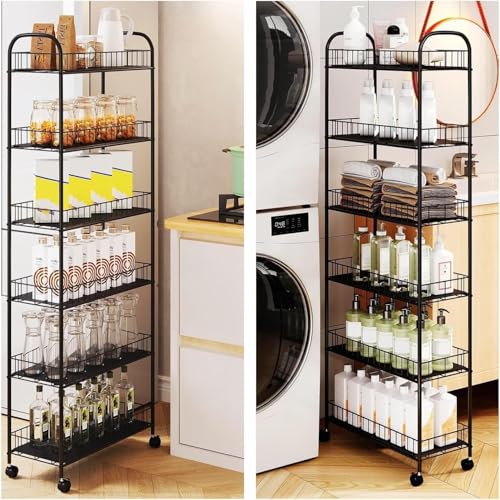 6 Tier 6in/10in Slim Rolling Storage Cart, Mobile Shelving Unit with Wheels, Metal Wire Storage Shelving Rack with Baskets for Kitchen Bathroom Office Laundry Narrow Places