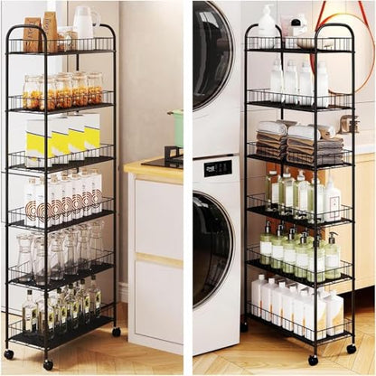 6 Tier 6in/10in Slim Rolling Storage Cart, Mobile Shelving Unit with Wheels, Metal Wire Storage Shelving Rack with Baskets for Kitchen Bathroom Office Laundry Narrow Places