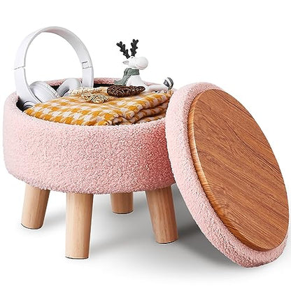 Wimarsbon Storage Ottoman, Modern Round Footrest with Soft Padded Seat, Teddy Velvet Footstool with Wood Legs, Accent Small Table or Plant Stand for Hallway, Living Room (Pink) - color: Pink