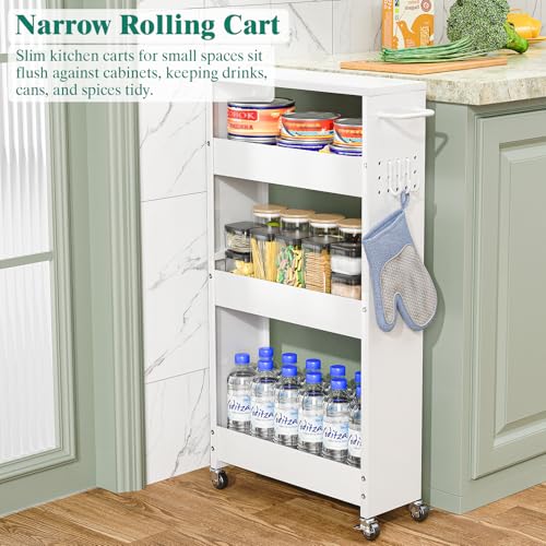XYZLVSI Slim Storage Cart, Narrow Kitchen Rolling Cart for Small Spaces | 5.9" W skinny storage cart, 12.4" bottom metal utility cart with 360° swivel wheels for bathroom/laundry, slim shelf, white - size: 5.9IN-White