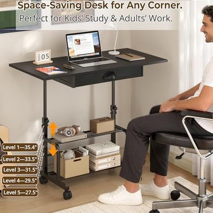 Adjustable Height Small Computer Desk with Drawers, Portable Rolling Desk for Seated Use, 32" Laptop Desk for Home Office Bedroom Living Room, Black