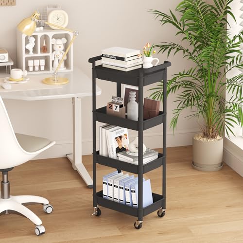 MIOCASA 4-Tier Utility Rolling Cart with Detachable Tray Top, Kitchen Storage Organization, Art Cart with Wheels for Office, Classroom, Livingroom, Kitchen, Bathroom, Black, Plastic - size: 4-Tier, style: Black