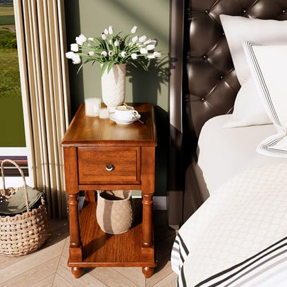 Narrow End Table with Drawer and Open Storage Shelf, Solid Wood Sofa Side Table for Living Room, Beside Table,Telephone Table for Small Spaces, No-Tools Assembly Caramel Brown BBJ004DR - color: Caramel Brown