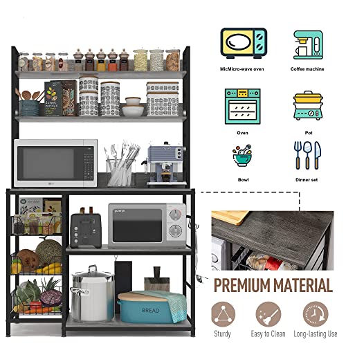 Kitchen Bakers Rack with Baskets,Free Standing Shelf,5-Tier Kitchen Utility Storage Shelf with Hooks, Microwave Oven Stand Rack Grey - color: Grey