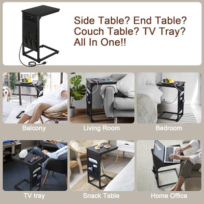 AMHANCIBLE C Shaped End Table with Charging Station, Couch Side Tables that Slide Under Sofa with Storage Bag, Slim TV Tray with USB Ports for Living Room, Bedroom, Black, HET04CBK - color: Black