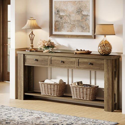 Tribesigns 70.9-Inch Long Console Table with 3 Drawers, Farmhouse Entryway Table with Storage, Rectangular Narrow Sofa Table Behind the Couch, Accent Table for Hallway, Living Room, Entry, Brown - color: Brown