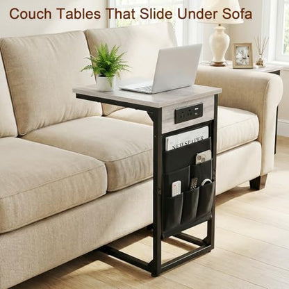 AMHANCIBLE C Shaped End Table with Charging Station, Couch Side Tables that Slide Under Sofa with Storage Bag, Slim TV Tray with USB Ports and Power Outlets for Living Room, Bedroom, Grey HET04CGY - color: Grey