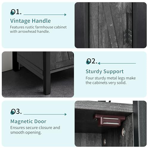 VECELO Small Bathroom Storage Cabinet, Slim Toilet Paper Holder with Shelves & Metal Racks, Organizer Cabinet for Narrow Spaces, Iron Gray, Farmhouse Style